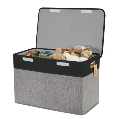Roobyl Large Toy Storage Box with Lid, Collapsible Toys Storage Organizer Bins with Dividers and Handles, Storage Chest Bin for Kids, Boys, Girls, Nursery 25"x13" x16" (Balck & Gray)