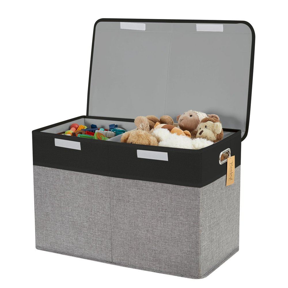 Roobyl Large Toy Storage Box with Lid, Collapsible Toys Storage Organizer Bins with Dividers and Handles, Storage Chest Bin for Kids, Boys, Girls, Nursery 25"x13" x16" (Balck & Gray)