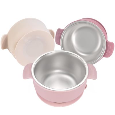 Bellas Friends Stainless Steel and Silicone Baby Bowls with Suction 3 Pack, 4.3 for Toddlers Kids Feeding, Non-Slip, Non-Toxic, Mess-Free, Dishwasher Safe, Fit High Chair Size, light pink beige pink
