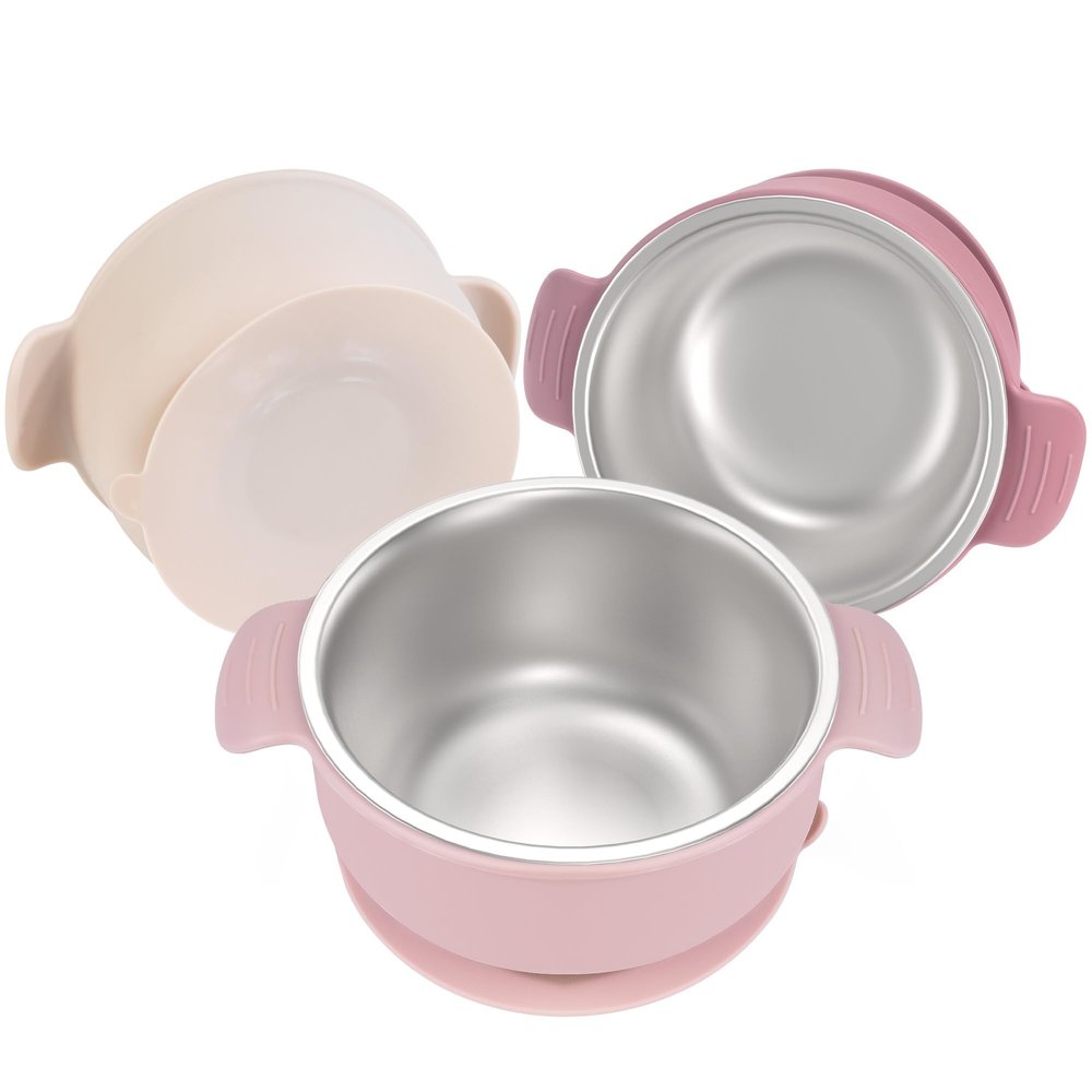 Bellas Friends Stainless Steel and Silicone Baby Bowls with Suction 3 Pack, 4.3 for Toddlers Kids Feeding, Non-Slip, Non-Toxic, Mess-Free, Dishwasher Safe, Fit High Chair Size, light pink beige pink
