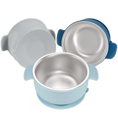 Bella's Friends Stainless Steel and Silicone Baby Bowls with Suction 3 Pack, 4.3 for Toddlers Kids Feeding, Non-Slip, Non-Toxic, Mess-Free, Dishwasher Safe, Fit High Chair Size, blue dark blue gray