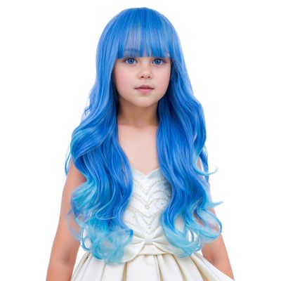Edivd Girls Ombre Blue Wig Child Long Light Blue Wig with Bangs Kids Long Wavy Curly Wigs Heat Resistant Synthetic Wigs with Cap