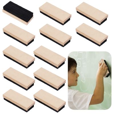 12-Pack Dustless Wool Felt Chalkboard Erasers, Wooden School Erasers for Teachers & Students, Black Board Dusters for Classroom, Office, and Home Use