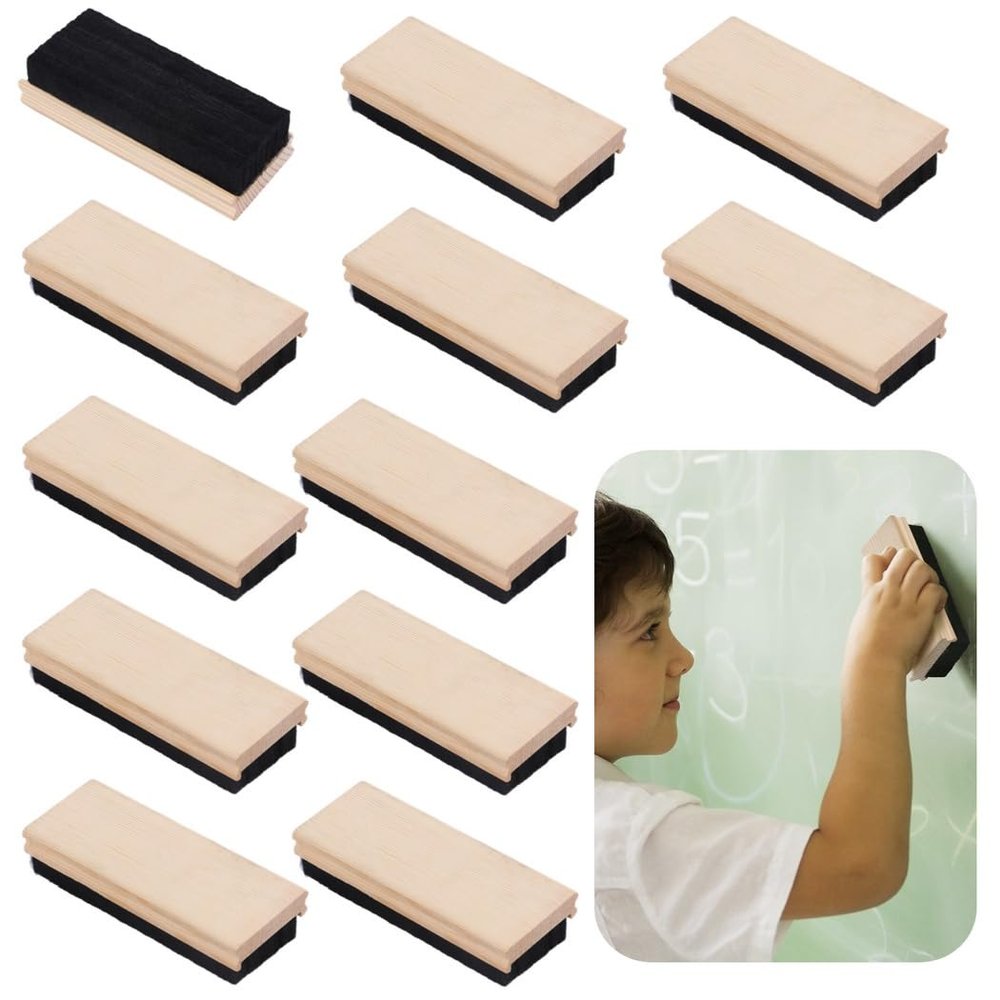 12-Pack Dustless Wool Felt Chalkboard Erasers, Wooden School Erasers for Teachers & Students, Black Board Dusters for Classroom, Office, and Home Use