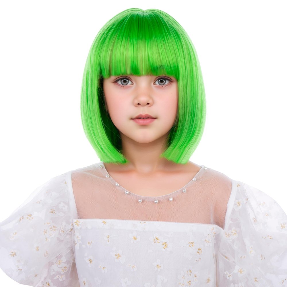 Edivd Kid Neon Green Bob Wig Child Short Bright Green Straight Wig Girls Bob Wigs with Bangs Heat Resistant Synthetic Hair with Cap