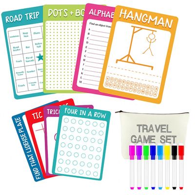 Chiisong 17 Pcs Portable Travel Game Set for Kids 8 Reusable Dry Erase Game Card with 8 Colorful Erasable Pen and Bag Educational Toy for Car Road Trip Airplane for Age 6-12, 9"x6"(Classic Style)