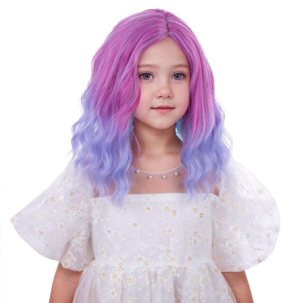 Edivd Kids Colorful Wig Girls Rainbow Side Part Wig Child Multi Color Wavy Curly Wigs Heat Resistant Synthetic Wigs with Cap