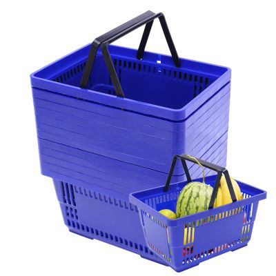 PERFERATE 12 Pcs Shopping Baskets with Handles Stackable Portable Grocery Basket Durable Plastic Shopping Basket Use for Retail Store Supermarket Essential Grocery Shopping, 17129In (Blue)