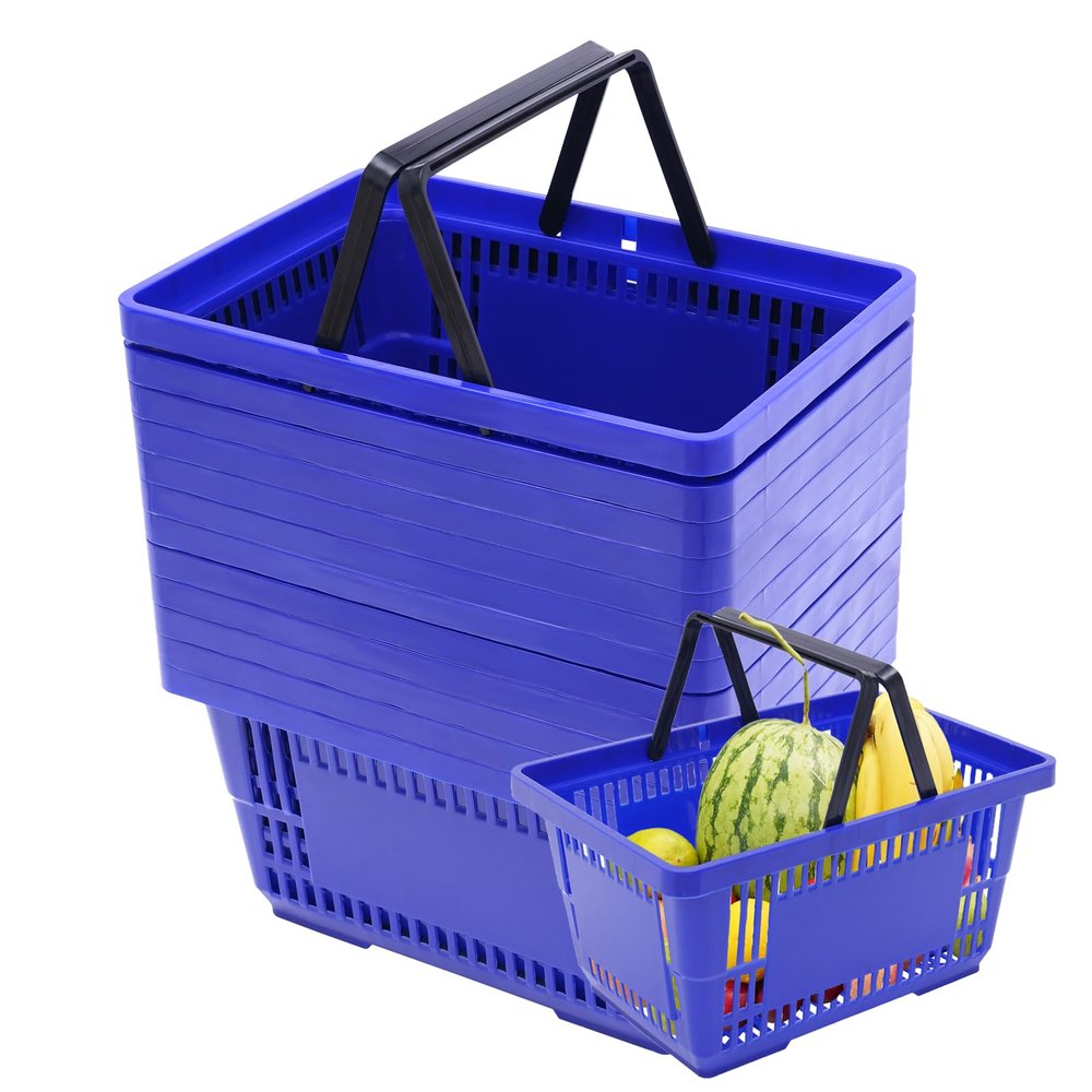 PERFERATE 12 Pcs Shopping Baskets with Handles Stackable Portable Grocery Basket Durable Plastic Shopping Basket Use for Retail Store Supermarket Essential Grocery Shopping, 17129In (Blue)