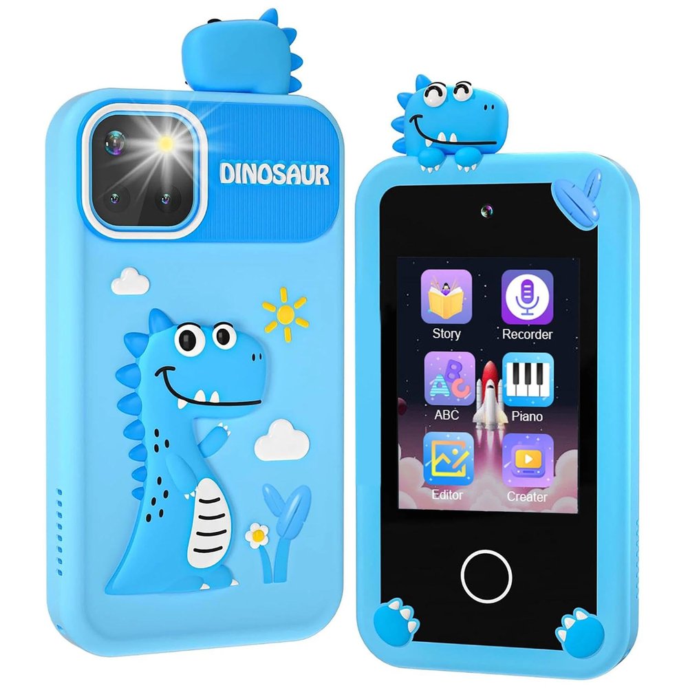BEBESIRI Kids Camera Mini Smartphone Toy for Girls, 2.8" Touch Screen, 22 Learning Games, Dual Camera, Music Player, 32GB Card, Christmas Birthday Gift, (Blue Dinosaur)