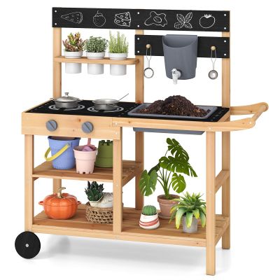 Costzon Mud Kitchen with Wheels, Wooden Kids Potting Bench with Planting Pots, Blackboard, Sink, Faucet, Cooking Accessories, Outdoor Play Kitchen for Backyard, Garden, Gift for Boys Girls