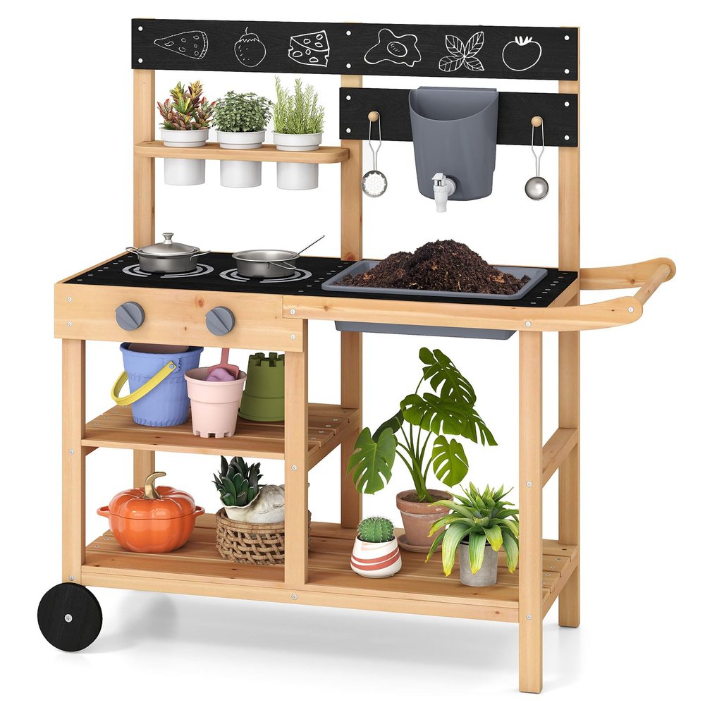 Costzon Mud Kitchen with Wheels, Wooden Kids Potting Bench with Planting Pots, Blackboard, Sink, Faucet, Cooking Accessories, Outdoor Play Kitchen for Backyard, Garden, Gift for Boys Girls