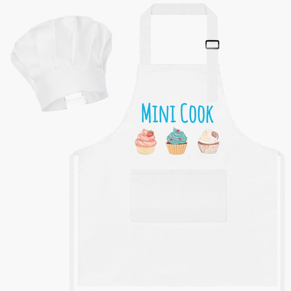 R HORSE Kid Apron and Chef Hat Set - 2Pcs White Mini Cook Adjustable Children Kitchen Toddler Apron for Girls Boys, Funny Dress up Pretend Play Toy Birthday Gift for Kids Cooking Baking Painting