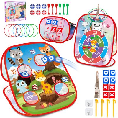 5-in-1 Kids Bean Bag Toss Game Set  Outdoor & Indoor Cornhole Board with Rings, Sticky Balls, Darts & Bags  Family Backyard Lawn Toy Gift for Boys & Girls Ages 3-8