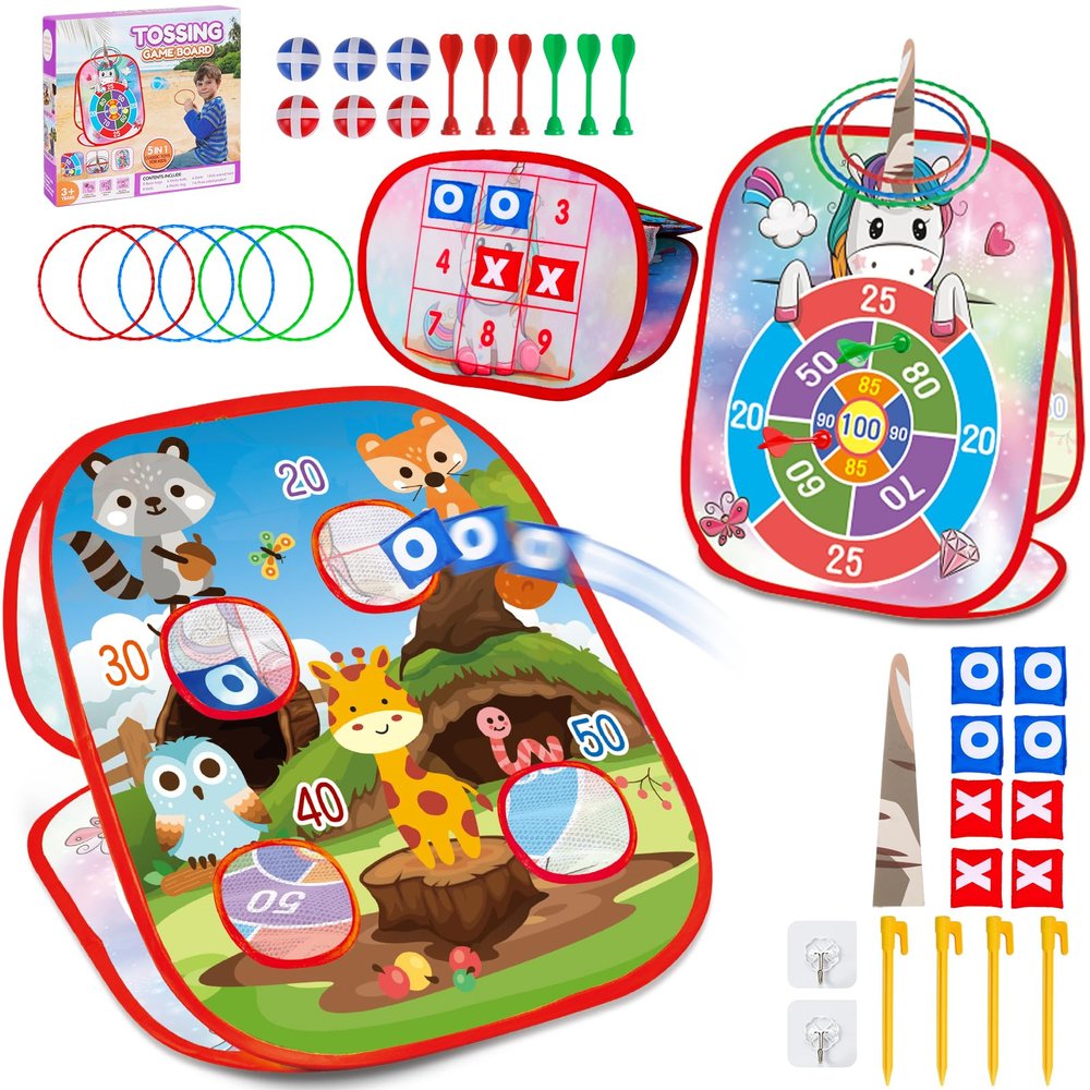 5-in-1 Kids Bean Bag Toss Game Set  Outdoor & Indoor Cornhole Board with Rings, Sticky Balls, Darts & Bags  Family Backyard Lawn Toy Gift for Boys & Girls Ages 3-8