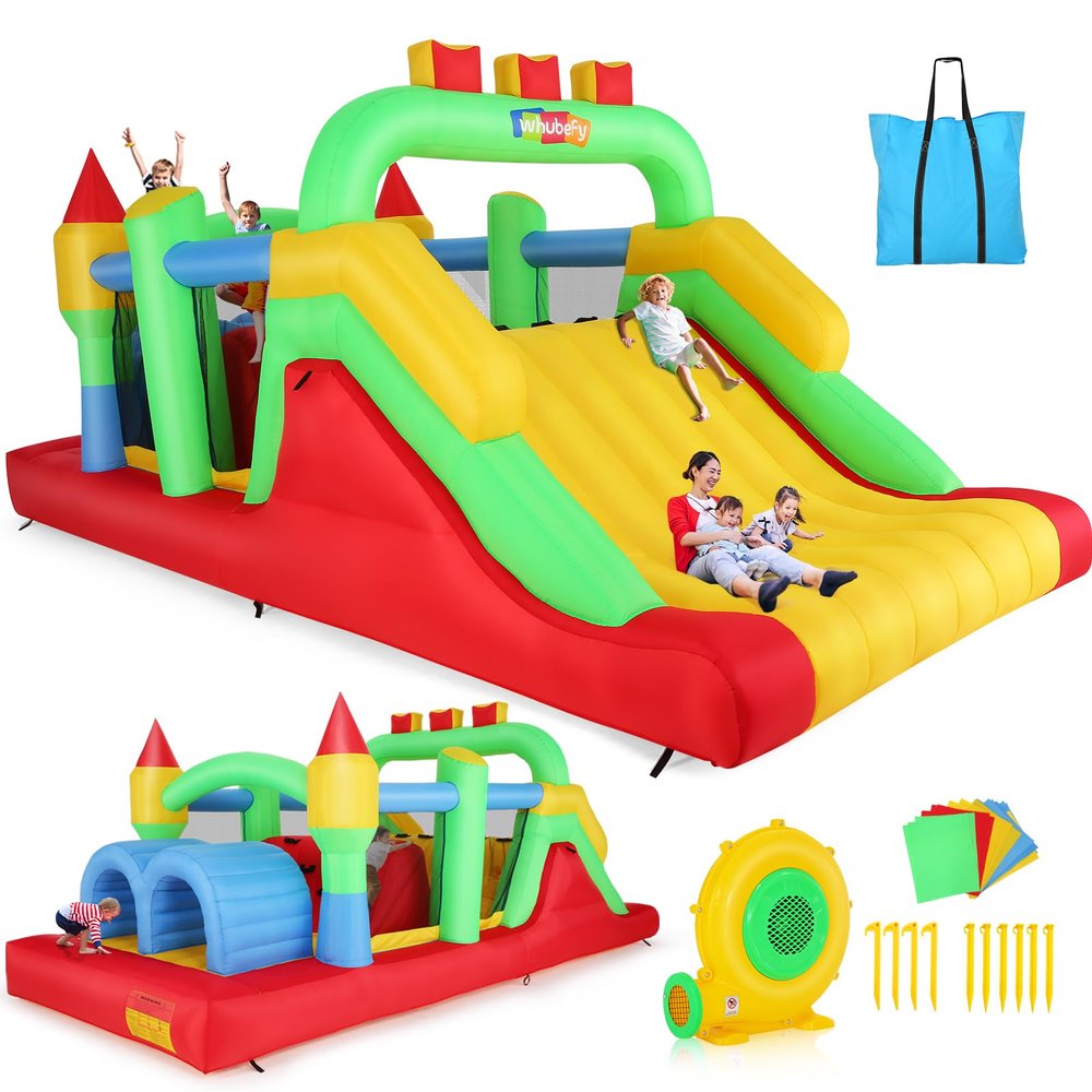 Whubefy Inflatable Obstacle Course Bounce House for Big Kids 8-12, 18.5 x 8FT Large Bounce Castle with Dual Racing Slides, Crawl Tunnels, Climbing, Obstacles, Jumping Area for Outdoor Backyard Party