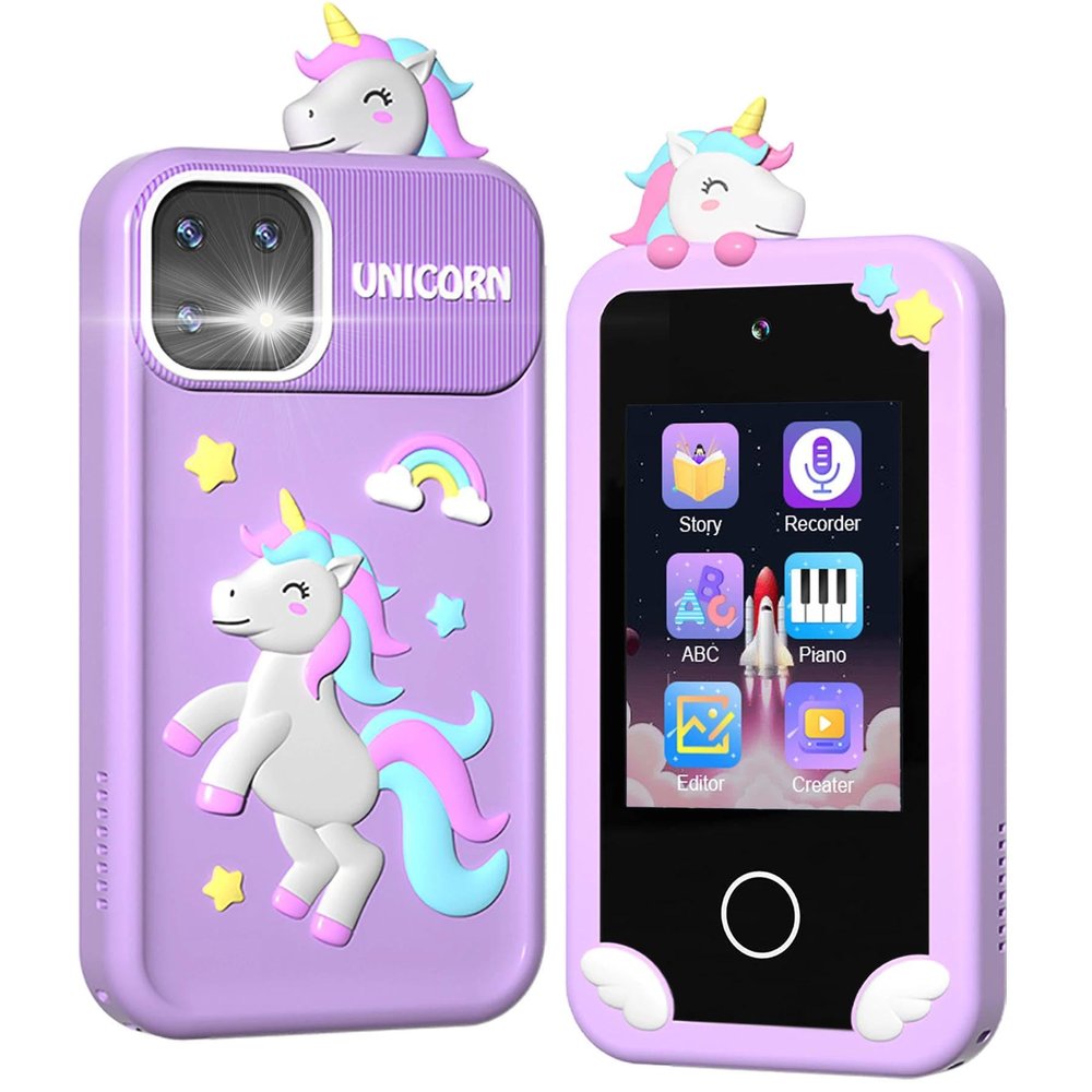 BEBESIRI Kids Camera Mini Smartphone Toy for Girls, 2.8" Touch Screen, 22 Learning Games, Dual Camera, Music Player, 32GB Card, Christmas Birthday Gift, (Purple Unicorn)