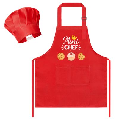 R HORSE Kid Apron and Chef Hat Set - 2Pcs Red Mini Chef Adjustable Children Kitchen Toddler Apron for Girls Boys, Funny Dress up Pretend Play Toy Birthday Gift for Kids Cooking Baking Painting
