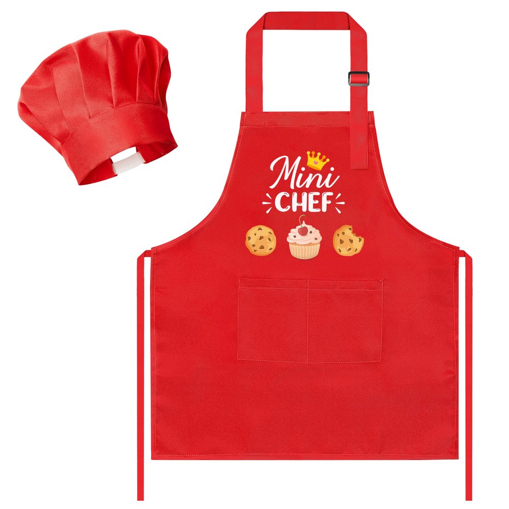 R HORSE Kid Apron and Chef Hat Set - 2Pcs Red Mini Chef Adjustable Children Kitchen Toddler Apron for Girls Boys, Funny Dress up Pretend Play Toy Birthday Gift for Kids Cooking Baking Painting