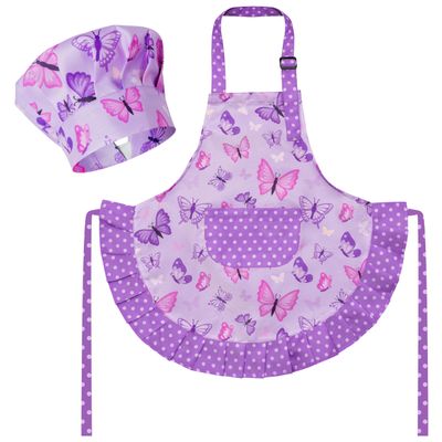 R HORSE Kid Apron and Chef Hat Set - 2Pcs Purple Butterfly Toddler Kitchen Apron for Girls, Adjustable Role Play Costume Pretend Play Toy for Cooking Baking Painting Birthday Gift for Kids Ages 3-6