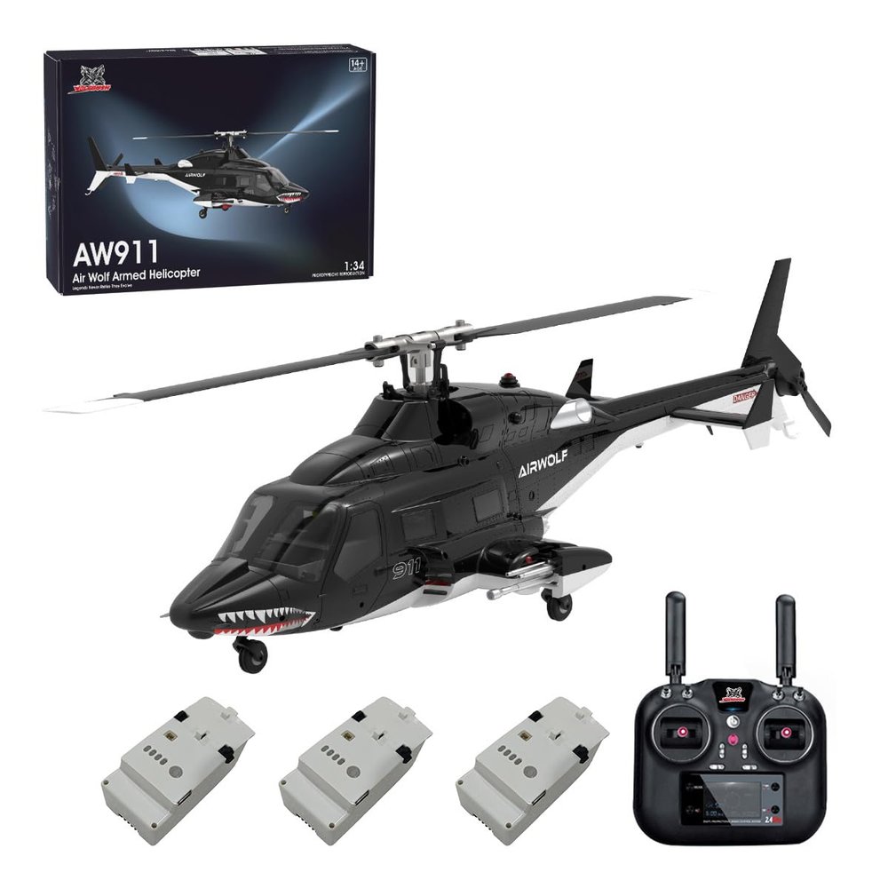 BrickCraftWorks 1/34 Scale AW-911 Air-Wolf RC Helicopter, 2.4G 9CH Flybarless Airplanewith 6G/3D Stunt Mode and GPS Positioning (RTF Version/Mode 1/Mode 2)