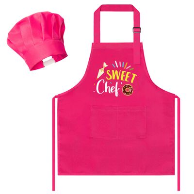 R HORSE 2Pcs Kid Apron and Chef Hat Set, Rose Red Adjustable Children Kitchen Toddler Apron for Girls, Dress up Role Play Chef Toy Funny Birthday Gift for Kids Cooking Baking Painting