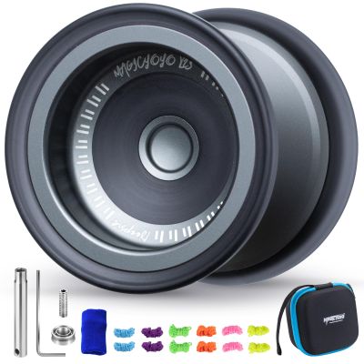 MAGICYOYO V13 Bi-Material Yoyo for Kids 8-12, Dual-Function Yoyo Professional for Responsive and Unresponsive Yo-yo Tricks with 12 Yoyos Strings, Blue Finger Brace, Bearing Kit (Grey+Black Rings)