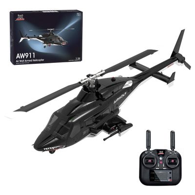 BrickCraftWorks 1/34 Scale AW-911 Air-Wolf RC Helicopter, 2.4G 9CH Flybarless Airplanewith 6G/3D Stunt Mode and GPS Positioning (RTF Version/Mode 1/Mode 2)