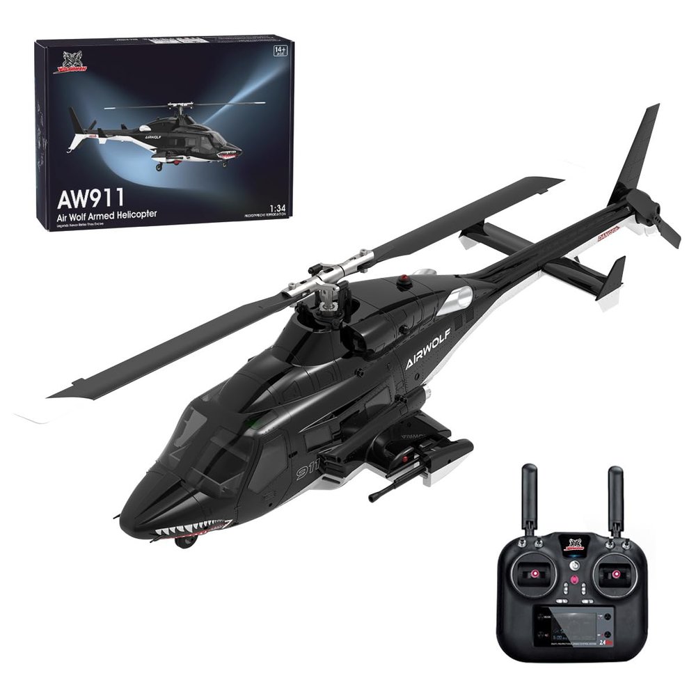 BrickCraftWorks 1/34 Scale AW-911 Air-Wolf RC Helicopter, 2.4G 9CH Flybarless Airplanewith 6G/3D Stunt Mode and GPS Positioning (RTF Version/Mode 1/Mode 2)