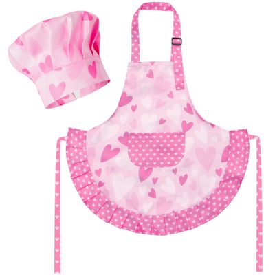 R HORSE Kid Apron and Chef Hat Set - 2Pcs Pink Heart Toddler Cooking Apron Set for Girls, Adjustable Role Play Costume Pretend Play Toy for Cooking Baking Painting Birthday Gift for Kids Ages 3-6