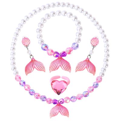 BAOBAOJOY Princess Jewelry for Little Girls, 5 Piece Mermaid Tail Jewelry Set, Stretch Necklace Bracelets Rings and Clip on Earrings, Perfect for Dress Up, Birthday Parties, Costume Play, Pink