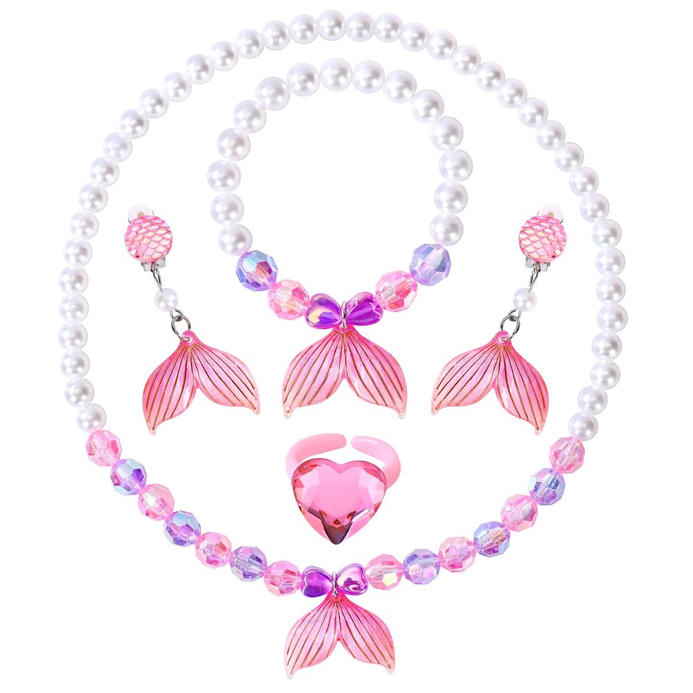 BAOBAOJOY Princess Jewelry for Little Girls, 5 Piece Mermaid Tail Jewelry Set, Stretch Necklace Bracelets Rings and Clip on Earrings, Perfect for Dress Up, Birthday Parties, Costume Play, Pink