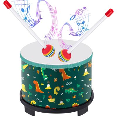 Boao Floor Tom Drum for Kids 8'' W x 6.5'' H Wooden Percussion Instrument Music Drum with 2 Rainbow Mallets Dinosaur Educational Toys for Baby Children Toddler Boy Girl Birthday Gift