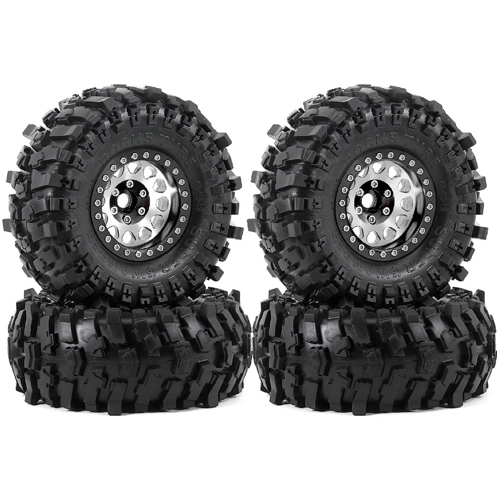 118mm 1.9inch RC Crawler Tires,Negative Bias-11mm Aluminum Wheels 12mm Hex for 1/10 RC Crawler Cars TRX-4 D90 D110 TF2 Tamiya CC01 AXI03007 90047 SCX10III Gen8 R258 (Silver)
