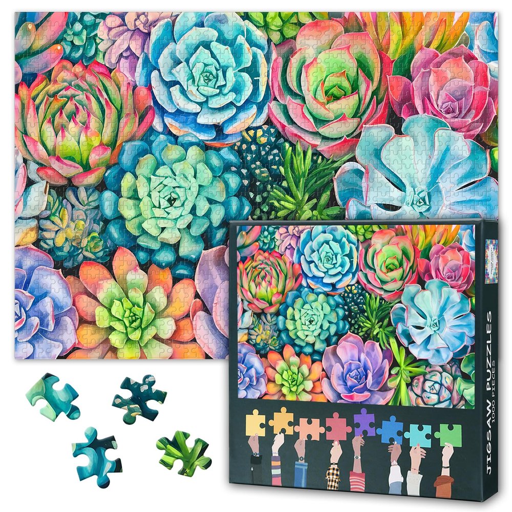 Jigsaw Puzzle for Adults 1000 Piece - Geometric Succulent Garden, Modern Cactus Art in Bright Colors, Adult Puzzles 1000 Pieces, 27.5x19.7 in