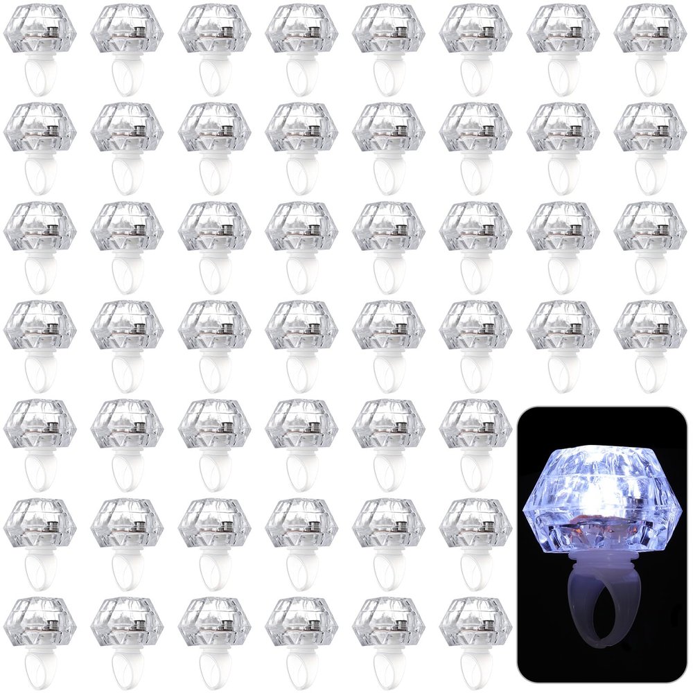 Vicenpal 50 Pack Flashing LED Light up Rings Bachelorette Party Favors Plastic Diamond Rings Flashing Glow in The Dark for Bridal Shower Game Wedding Birthday Party Decorations(White Light)