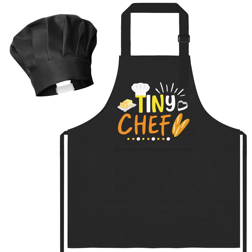 R HORSE Kid Apron and Chef Hat Set - 2Pcs Black Tiny Chef Adjustable Children Kitchen Toddler Apron with Pockets for Kids, Funny Dress up Pretend Play Toy Birthday Gift for Boy Cooking Baking Painting