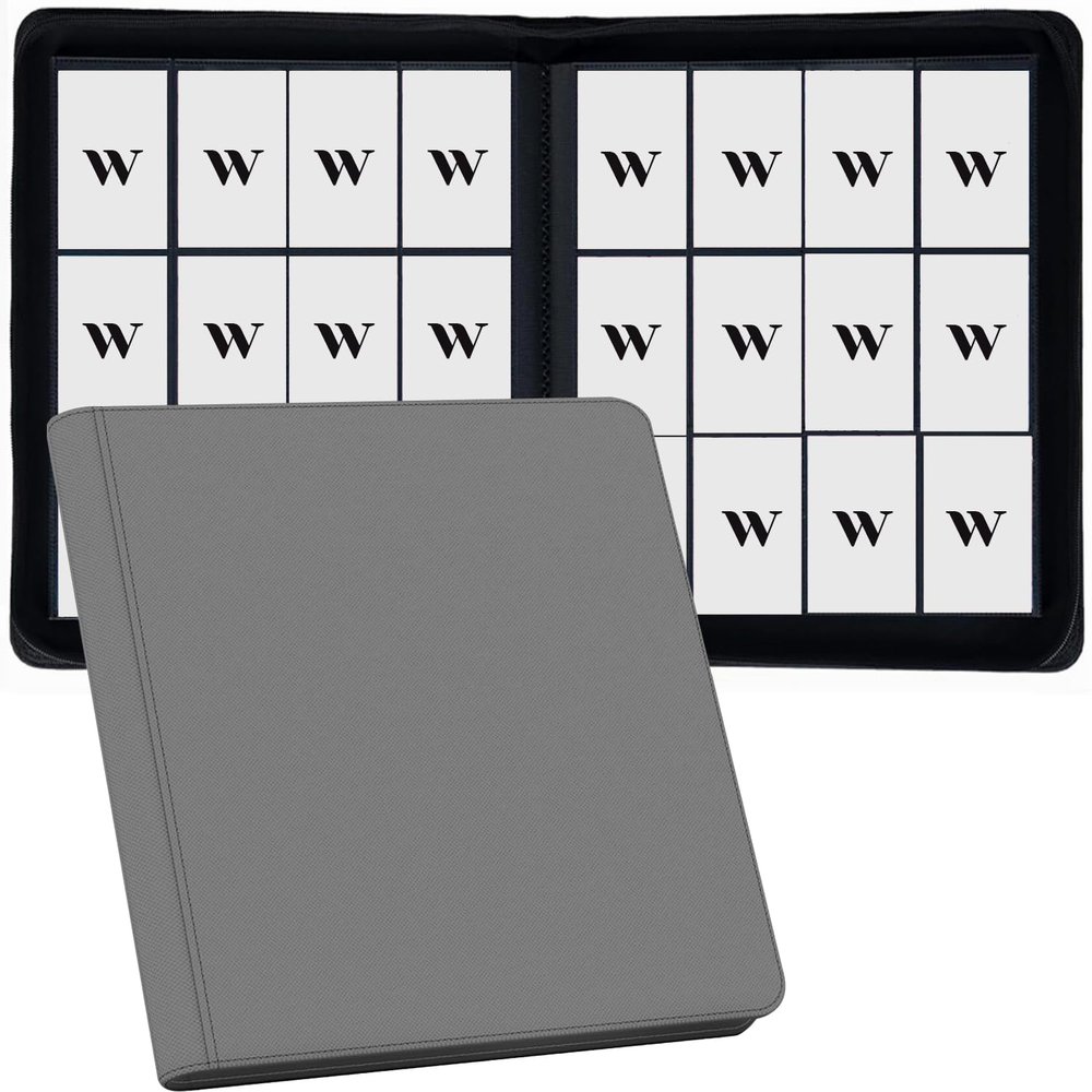12 Pocket Card Binder, 720 Pockets PU Leather Zipper Trading Card Collection Album, Side-Loading Card Storage Folders for MTG, TCG, Game/Sport Crads (Grey, 12 Pockets)