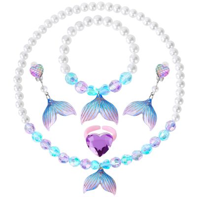 BAOBAOJOY Princess Jewelry for Little Girls, 5 Piece Mermaid Tail Jewelry Set, Stretch Necklace Bracelets Rings and Clip on Earrings, Perfect for Dress Up, Birthday Parties, and Costume Play, Purple