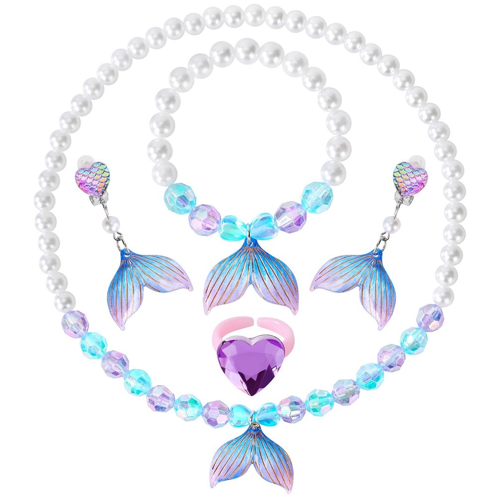 BAOBAOJOY Princess Jewelry for Little Girls, 5 Piece Mermaid Tail Jewelry Set, Stretch Necklace Bracelets Rings and Clip on Earrings, Perfect for Dress Up, Birthday Parties, and Costume Play, Purple