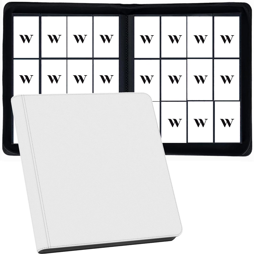 12 Pocket Card Binder, 720 Pockets PU Leather Zipper Trading Card Collection Album, Side-Loading Card Storage Folders for MTG, TCG, Game/Sport Crads (White, 12 Pockets)