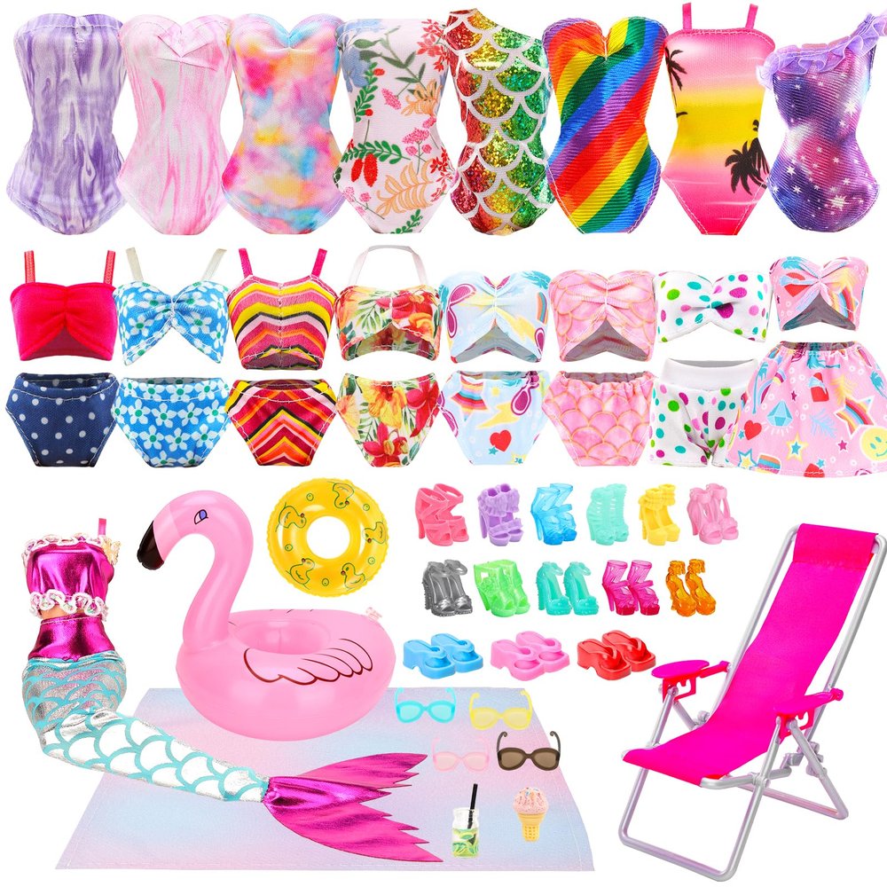 Lot 25 Pack Doll Bathing Suits Pool Accessories Set for 11.5 inch Girl Dolls - 6 pcs Swimsuits, 2 Pool Floaties, 4 Sunglasses, 8 Shoes, 1 Beach Chair, 1 Beach Towel and 3 Accessories
