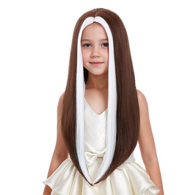 DUDUWIG Children White Mixed Brown Wig Girls Long White Brown Middle Part Wig Long Straight Wigs for Kids Heat Resistant Synthetic Wigs with Cap