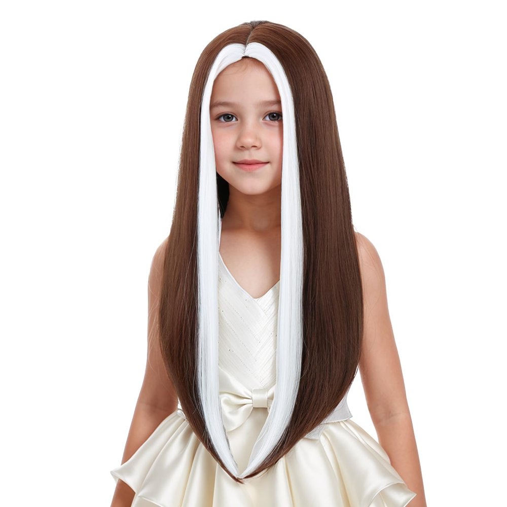 DUDUWIG Children White Mixed Brown Wig Girls Long White Brown Middle Part Wig Long Straight Wigs for Kids Heat Resistant Synthetic Wigs with Cap