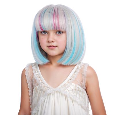 DUDUWIG Child Blonde Mixed Pink Blue Wig Kid Short Rainbow Straight Wig Colorful Wigs with Bangs for Girls Hairnet Include