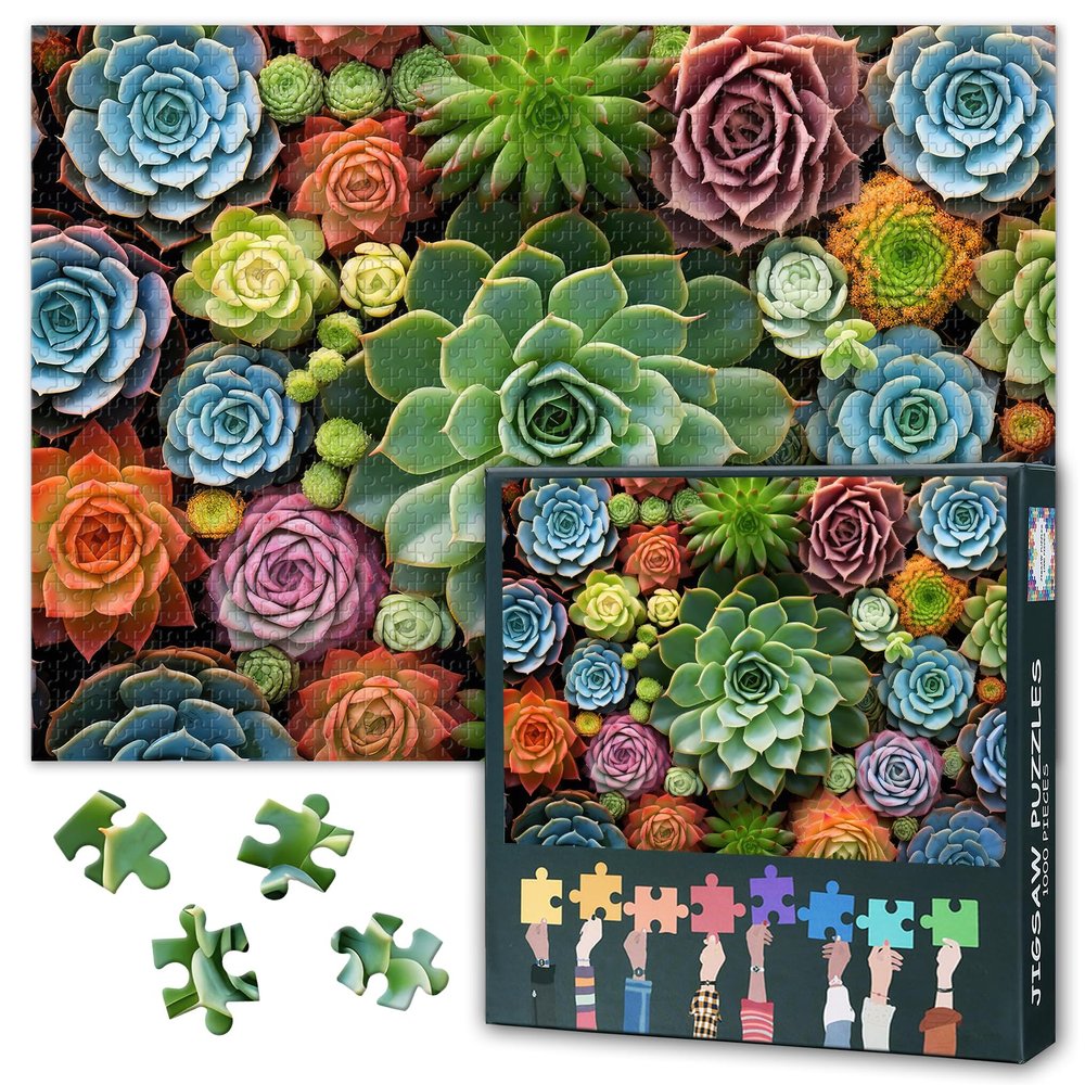 Jigsaw Puzzle 1000 Pieces for Adults - Succulent Garden and Tropical Cactus Art in Vibrant Colors, Premium Puzzles for Adults, 27.5x19.7 in