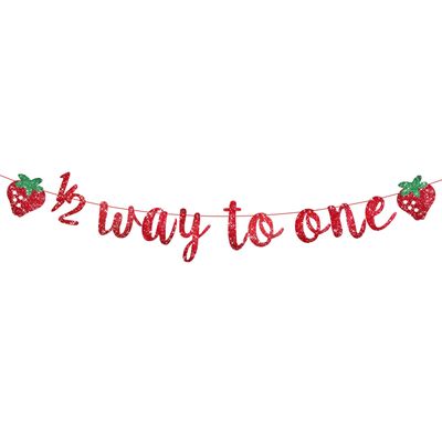 1/2 Way to One Banner, Happy 1/2 Birthday Banner 6 Months Birthday Decorations Red Glitter Strawberry Shower Decorations Berry Sweet Half Party Decoration