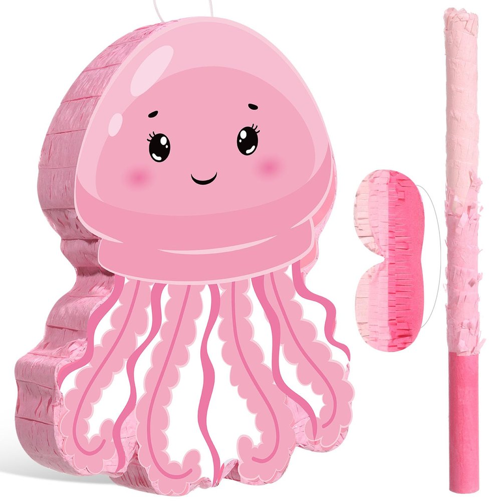 Blosssound Jellyfish Piata Under the Sea Party Decorations Supplies Cute Pink Piata Set with Stick Blindfold for Ocean Mermaid Theme Birthday Baby Shower Wedding Celebration Decorations(Jellyfish)