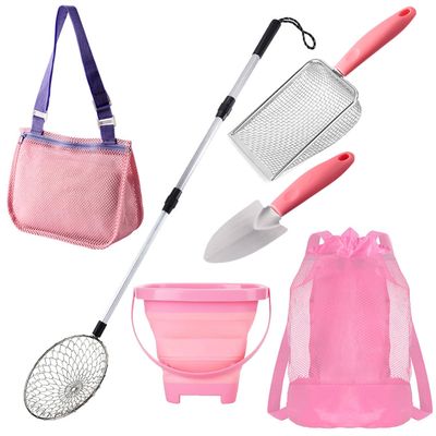 6 PCS Shark Tooth Sifter Beach Shell Collecting Bag Set, Mesh Shovel Shell Bags with Foldable Bucket (Pink Edition)