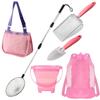 6 PCS Shark Tooth Sifter Beach Shell Collecting Bag Set, Mesh Shovel Shell Bags with Foldable Bucket (Pink Edition) view 1